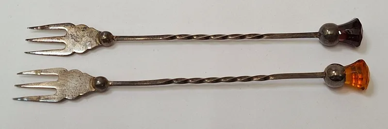2 Antique Silver Pickle Forks with thistle glass finials hallmarked Birmingham 1921