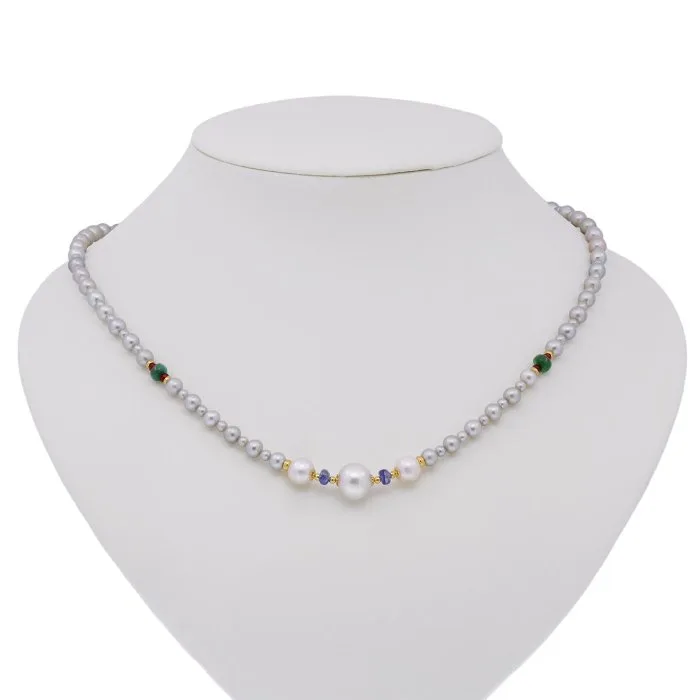 Necklace - 18 kt. Yellow gold Pearl - Pearl - Emerald - Ruby - Sapphire