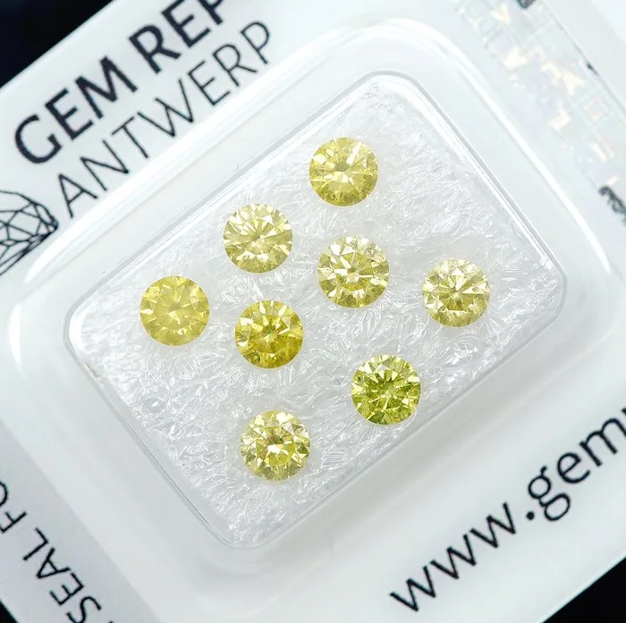 8 pcs Diamond (Colour-treated) - 1.55 ct - Round - Fancy intense Yellow - I1, I2 - Gem Report Antwerp (GRA)