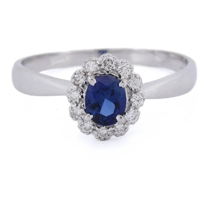 Ring - 18 kt. White gold - 0.84ct. tw. Sapphire - Diamond