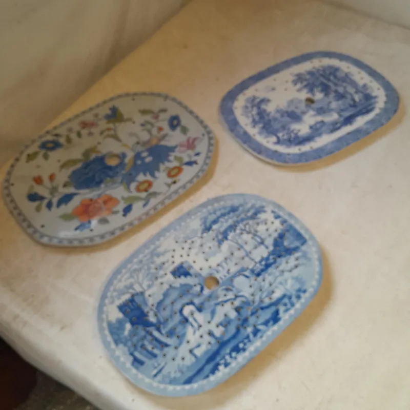3 x 19th century Staffordshire Pottery transfer decorated strainers, note