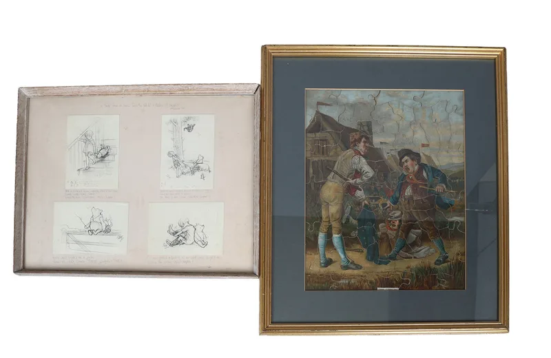 A Late 19th Century Framed Jigsaw Puzzle and Four Winnie the Pooh Prints Framed As One (2)