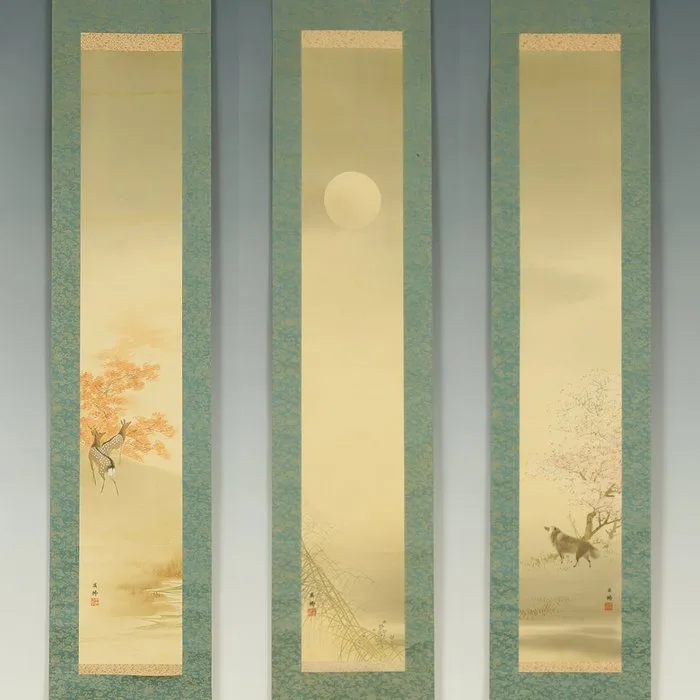 Moon, Spring Raccoon Dog and Autumn Deer with Original Box (Tomobako) - Yoshimura Horyu 吉村鳳柳 (1874-1936) - Japan