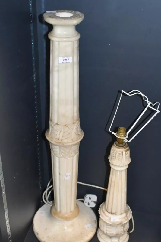 A large 20th-century hardstone alabaster type column lamp base, featuring Italian-style hand carved foliate detailing, unmarked