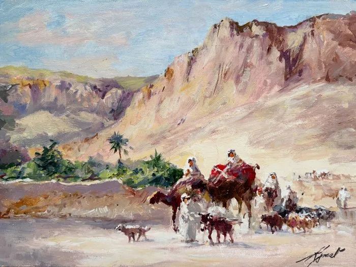 Mikhail Kraiev (1957) - Caravane au pied des falaises - Halte dans le désert - Soleil du Sahara - Orientaliste