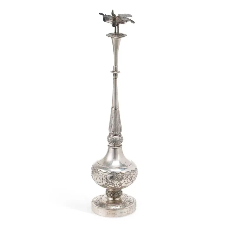 A Chinese Export Silver Rosewater Sprinkler late 19th/ early 20th Century, marked to base, of typical bottle form chased with foliate bands