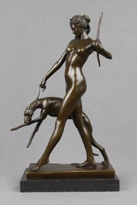 After Edward McCartan (1879-1947) - Sculpture, Goddess Diana with Hunting Dog - 32 cm - Patinated bronze
