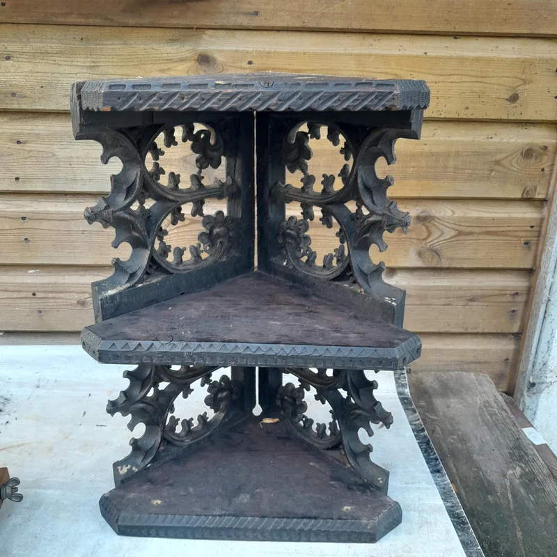 2 x 19th century carved and pierced ebonized oak hanging wall shelves