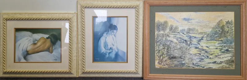 A mixed collection of three pieces of framed artwork. To inc