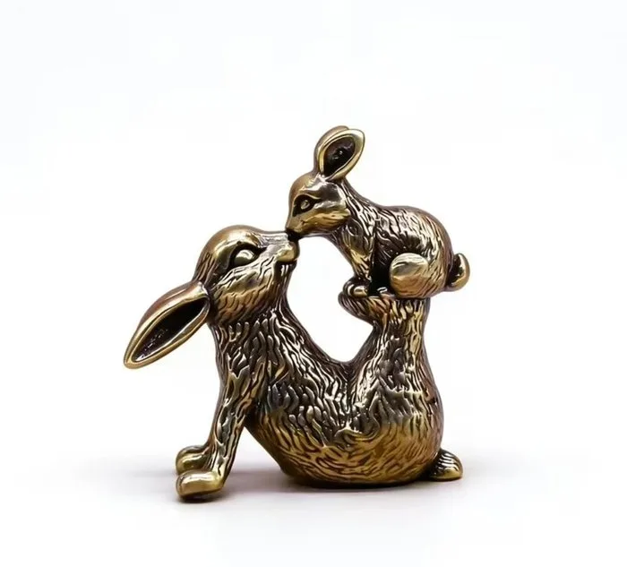 Vintage Brass Rabbit Family Sculpture – Mother Rabbit with Baby, Decorative Animal Figurine Set - Figurine - Mother and baby rabbits - Brass