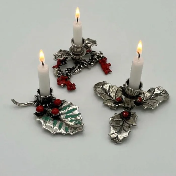 Christmas Theme - Figurine - Portacandele Agrifoglio Natalizio (3) -.800 silver