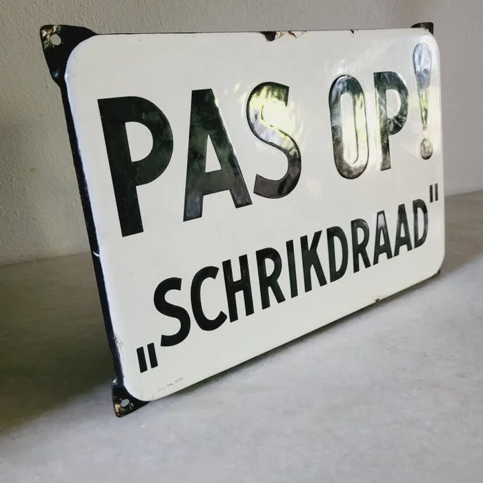 Pas Op! Schrikdraad Bord, Langcat Bussum, 1950 - Advertising sign - Enamel