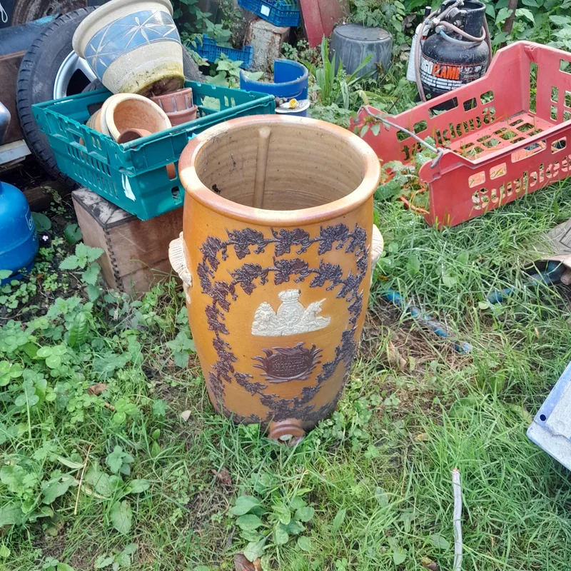 19th century stoneware Lipscombe and Co. stoneware water filter, with applied decoration no lid, small chip on handle