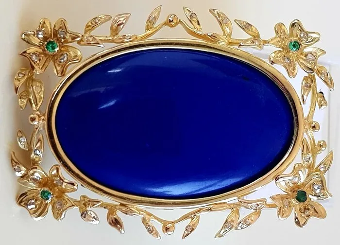 Brooch - 18 kt. Yellow gold Lapis lazuli - Diamond - Lapis lazuli, diamond, emerald