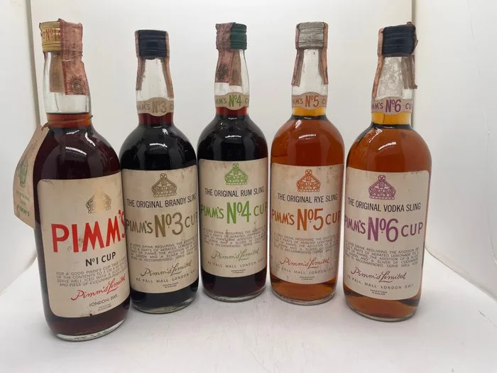 Pimm’s - Number 1 Gin, 3 Brandy, 4 Rum, 5 Rye + 6 Vodka - b. 1970s - 75cl - 5 bottles