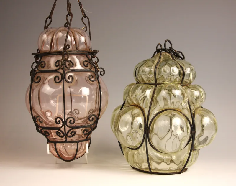 A Venetian caged glass hall lantern, 20th century, the rose glass lantern of typical lobed form with removable cover,