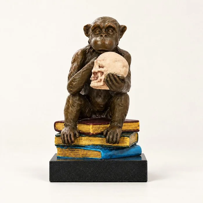 Figurine - Aap met schedel op boekentoren - Bronze, Marble