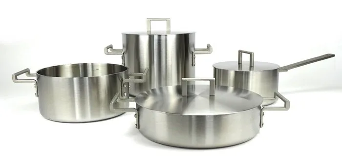 Alessi - Jasper Morrison - Cooking pot set - ''Convivio'' - 18/10 stainless steel, mat. Handles in 18/10 stainless steel with PVD coating