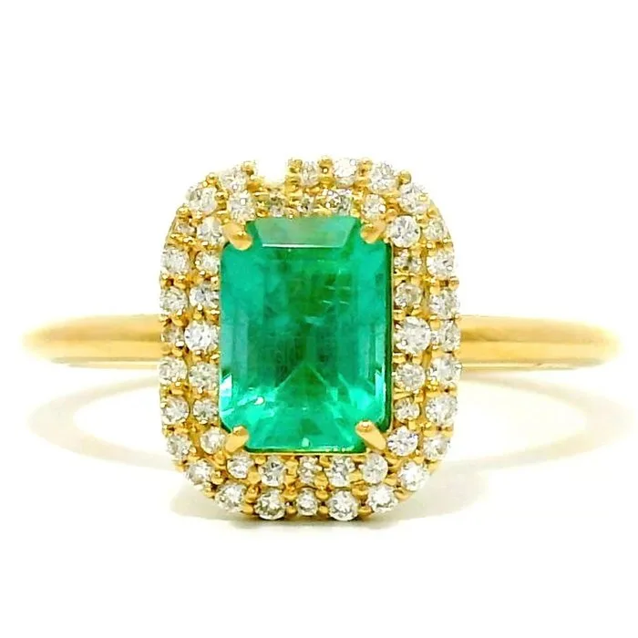 Ring - 18 kt. Yellow gold - 1.27ct. tw. Emerald - Diamond
