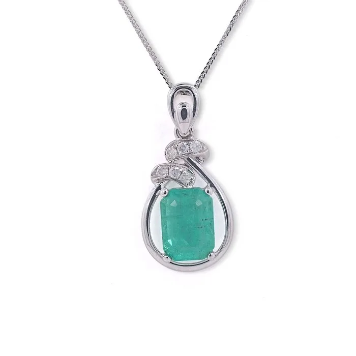 Necklace with pendant - 14 kt. White gold - 0.98ct. tw. Emerald - Diamond