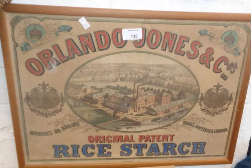 Victorian original poster for Orlando Jones and Company Original Patent Rice Starch at the Battersea Works London