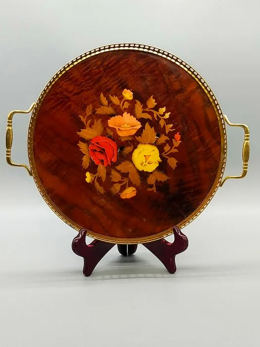 S. & M. Mazzarella Baden-Baden – Antikes Tablett Intarsien - Platter - Wood, Brass