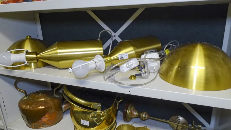 A Pair of Post Modern, Mushroom desk lamp, with gold-toned cylindrical metal table lamp bases with domed shades, electrical wiring and plugs