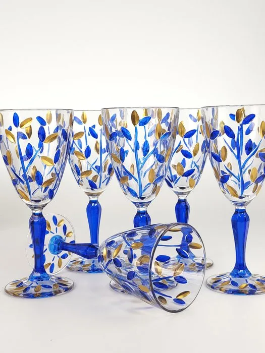 Secoloventesimo - Chalice (6) - Leaves blu golden chalice - Enamel, Crystal - NO-lead Crystal
