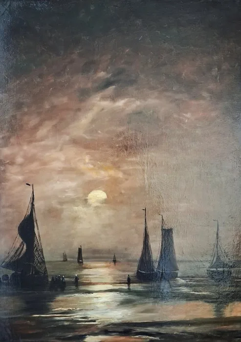 Dutch School(XX) After Willem Mesdag - "Bomschuiten in de branding"