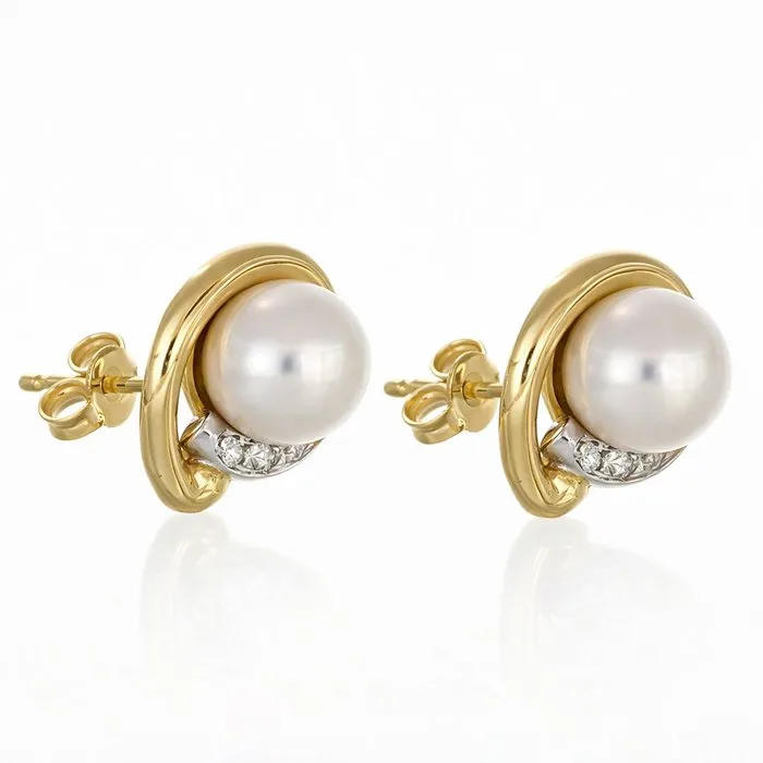 Earrings - 18 kt. White gold, Yellow gold - 0.11ct. tw. Diamond (Natural) - Pearl - Made in Italy - Handmade