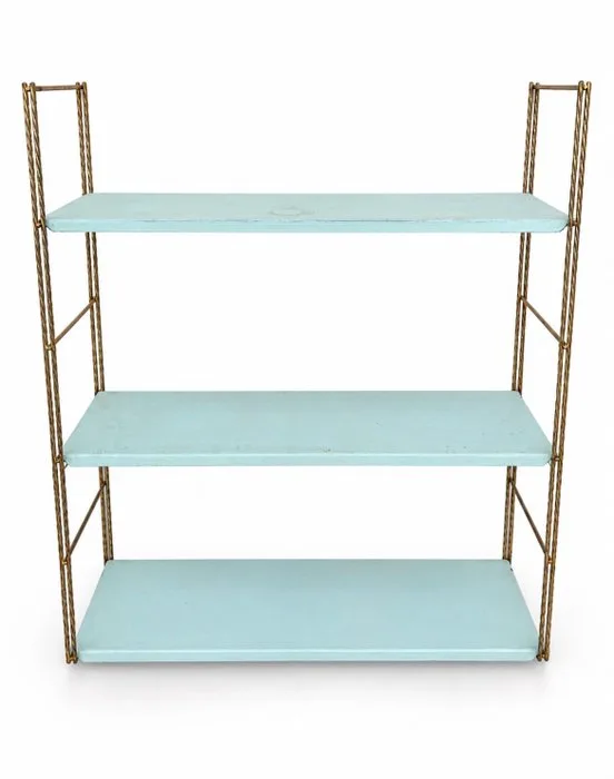 Wall shelf unit - Metal - Vintage wall shelf - pastel blue shelves and gold-colored frame