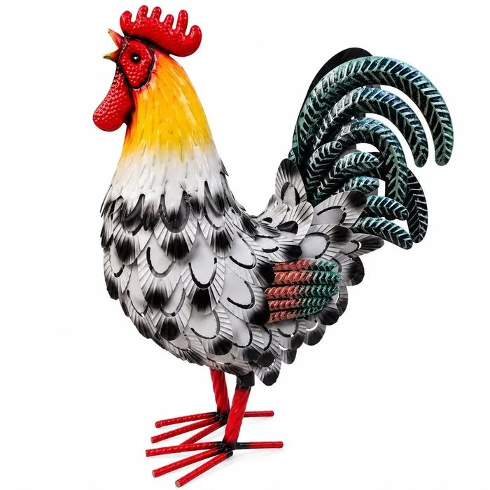 Sculpture, Large 40 cm Metal Rooster – Hand-Painted Multicolour Farmhouse Art - 40 cm - Metal