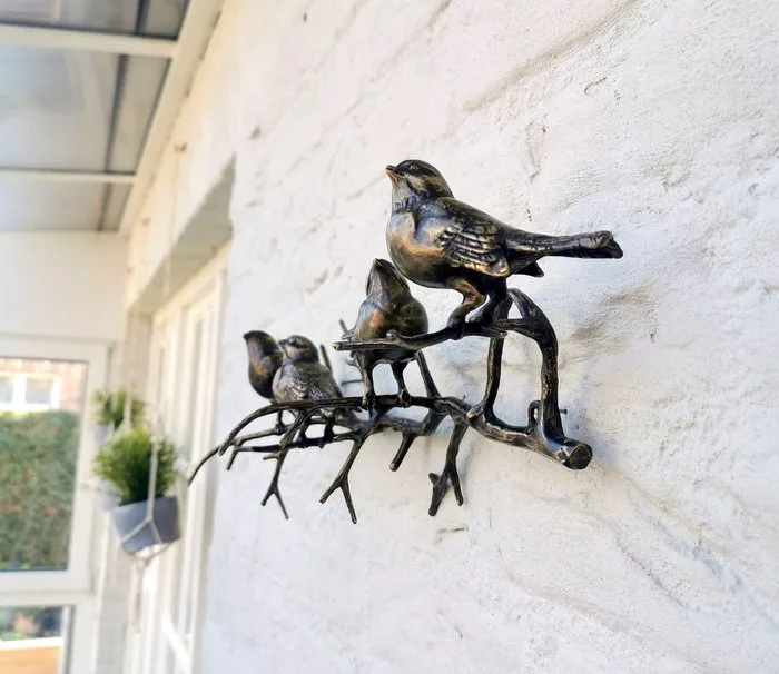 Sculpture, 4 vogels op tak - 18 cm - Bronze