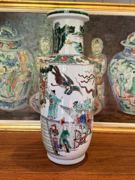 Chinese Famille Verte Wucai rouleau vase (bangchuiping), 19th century - Kangxi (1662-1722)