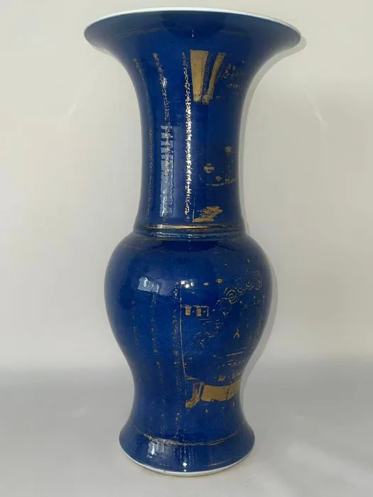 Kangxi Period Powder-Blue Glaze Gilt-Decorated Landscape & Poem Phoenix-Tail Vase - Porcelain - China - Qing Dynasty (1644-1911)