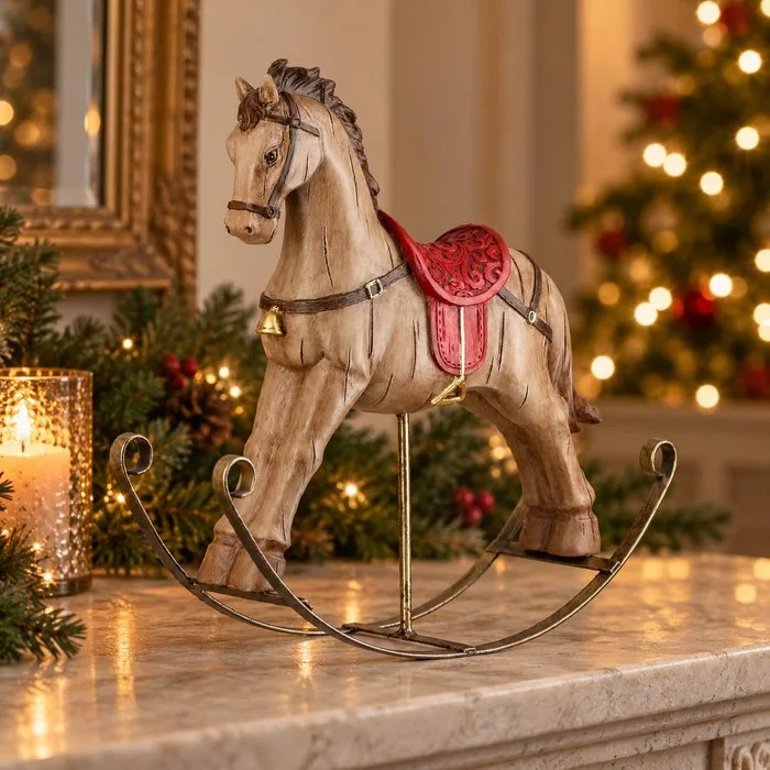 Sculpture, Kerstdecoratie – klassiek schommelpaard met rood zadel en goudaccenten - 26.5 cm - Composite