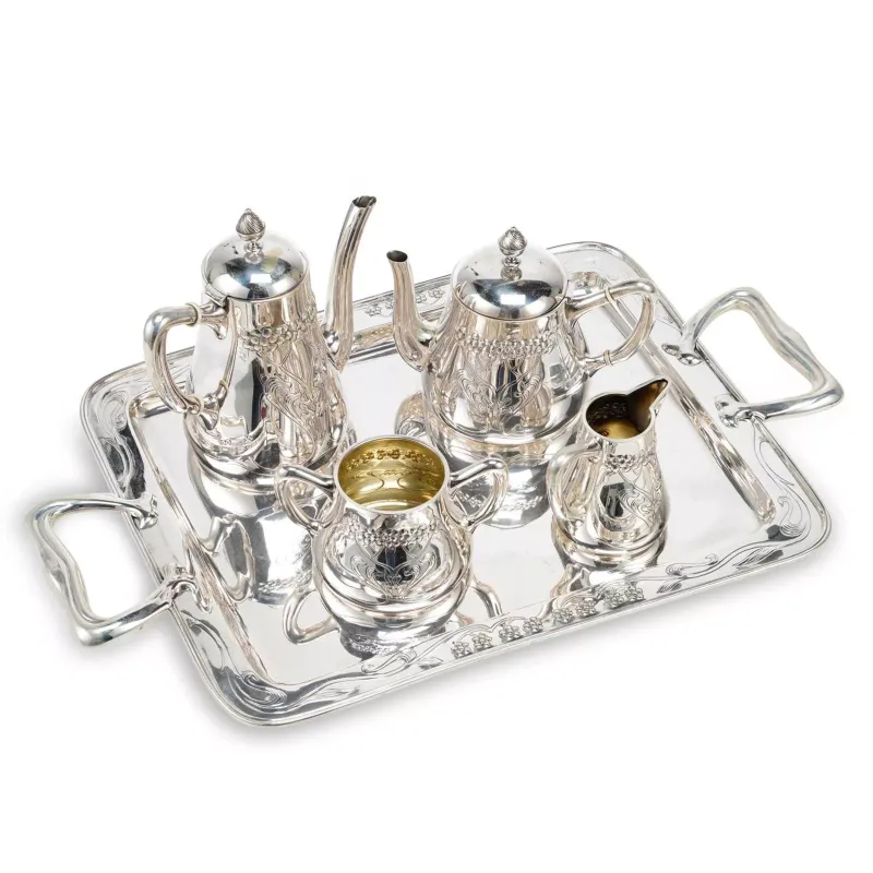 A Spanish Art Nouveau Silver Four-Piece Tea Service On Tray § early 20th Century,