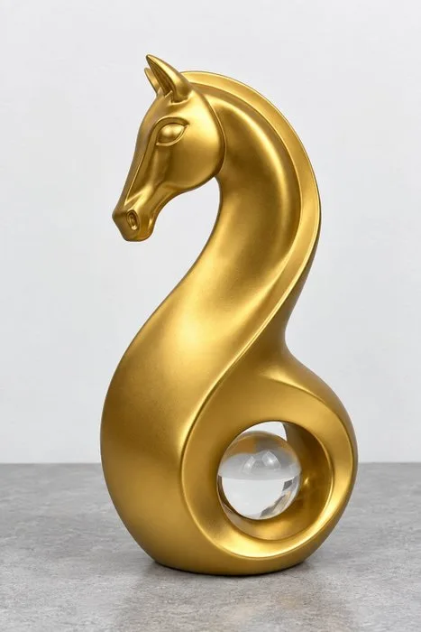 Sculpture, Golden Abstract Horse Figurine with Decorative Sphere - 22.6 cm - Resin