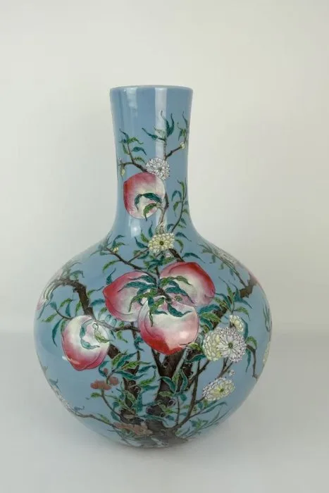 Large Sky-Blue Ground Famille Rose 'Nine Peaches & Red Bats' Tianqiuping - Porcelain - China - Republic period (1912-1949)
