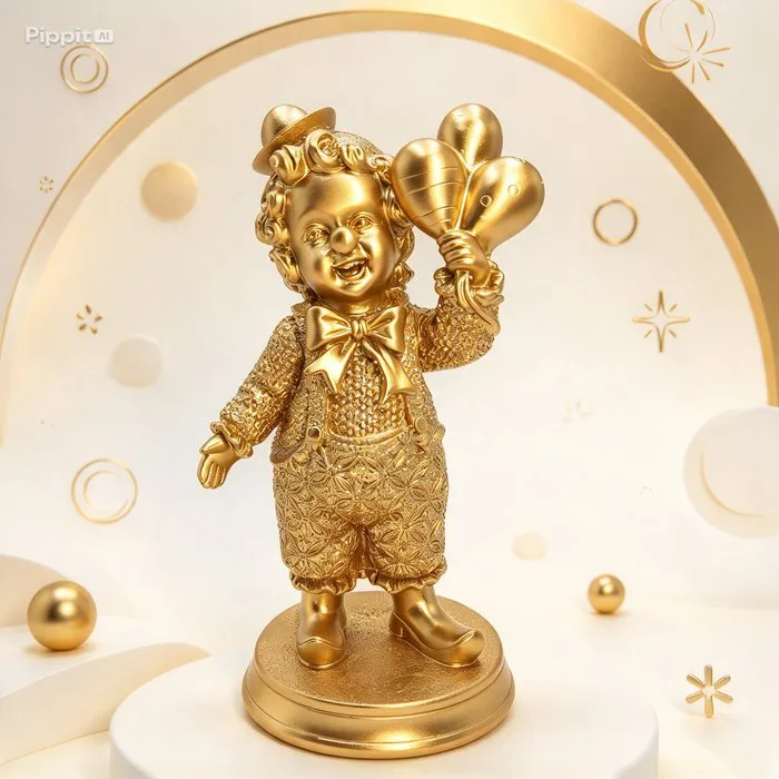 Figurine - Statuina di Pagliaccio in Resina Dorata con Palloncini - Resin