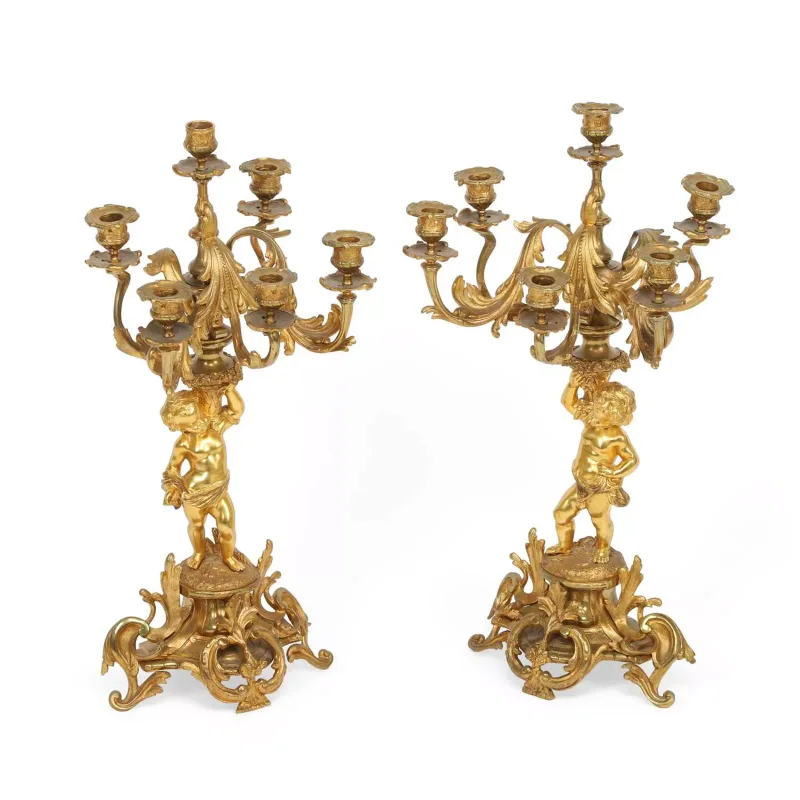 A Pair Of French Gilt Bronze Six-Light Figural Candelabra French, 19th Century, in the Louis XV taste