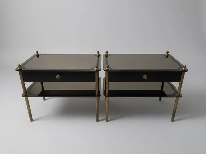 Nightstand - Brass, Glass, Wood - Pair of Glass and Brass Side Table with Drawer, 1970s