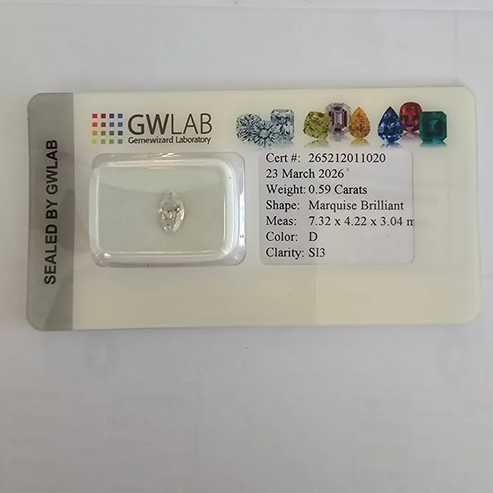 1 pcs Diamond (Natural) - 0.59 ct - Marquise - D (colourless) - SI3 - Gemewizard Gemological Laboratory (GWLab)