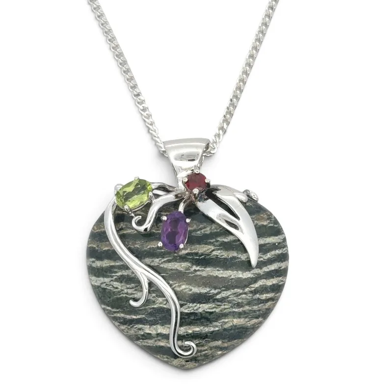 Green Zebra Serpentine Heart and Gemstone Necklace