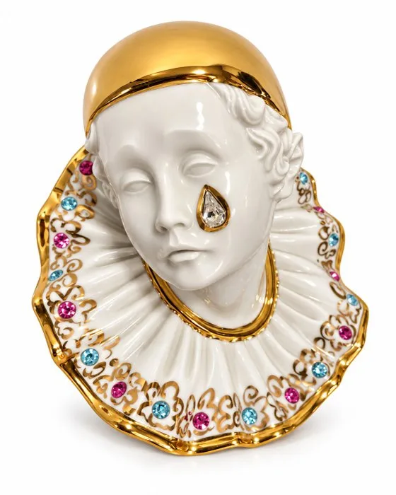 Italienische Porzellanarbeit - Bust, Pierrot - 14.5 cm - Porcelain, Gold plated, Crystal