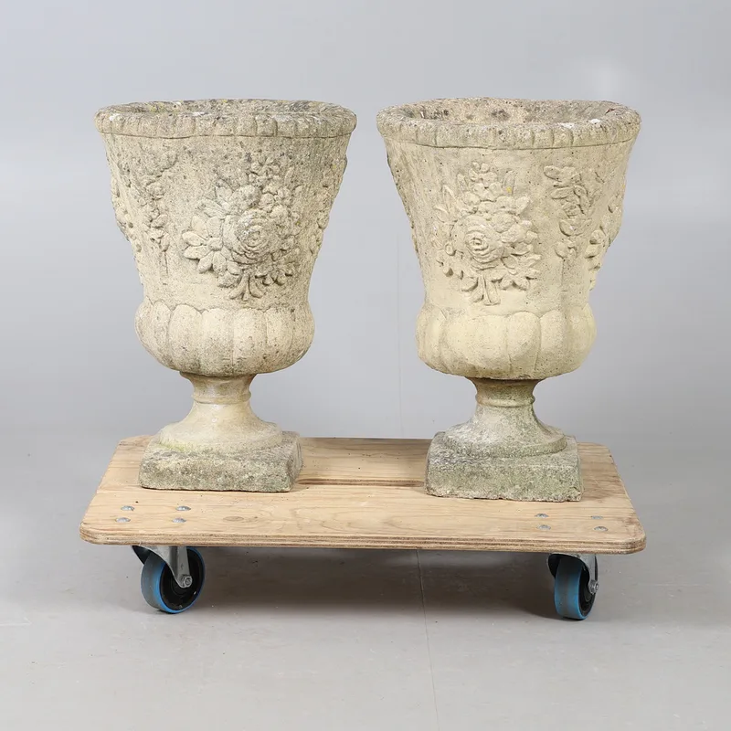 Pair of Relief Rose Patterned Composite Urn Planters