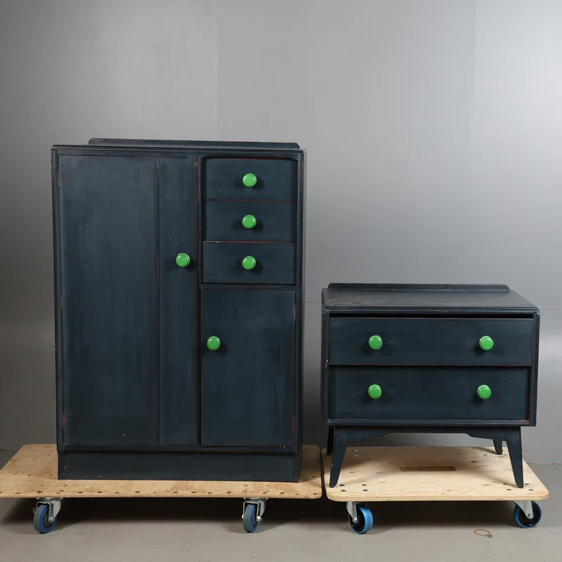 A G-Plan Blue and Green Painted Chest of Drawers and Child's Wardrobe (2)