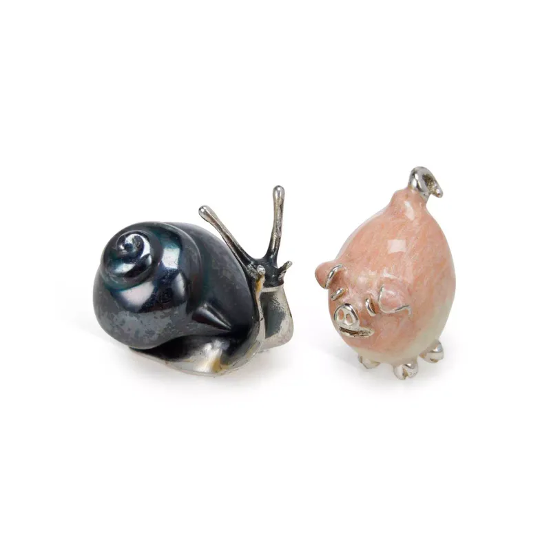 A Silver And Enamel Model Of A Snail Together With A Silver And Enamel Model Of A Pig each marked 925, the pig import marked to the foot