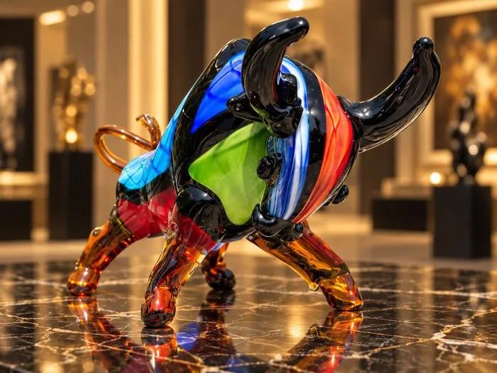 Sculpture, Handgemaakte glazen stier in Murano stijl – Multicolor art glass – Decoratief sculptuur - 18.4 cm - Glass