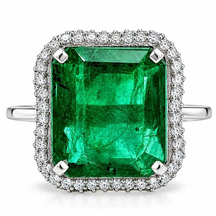 Ring Platinum - 5.96ct. tw. Emerald - Diamond - Emerald Ring